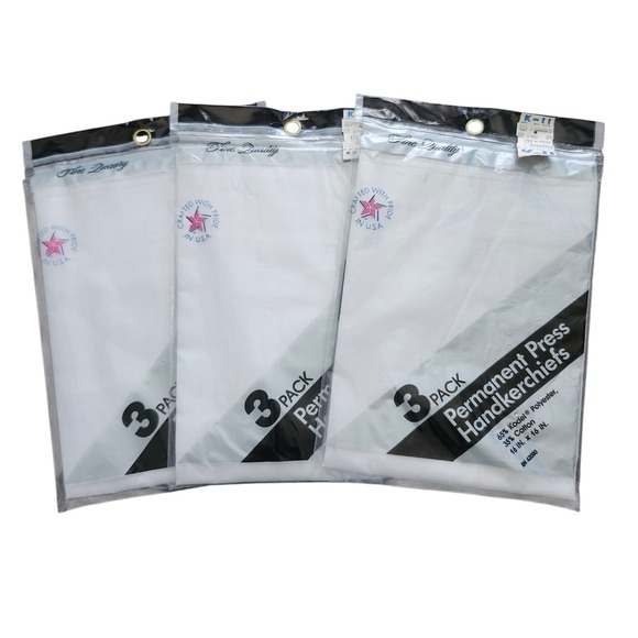 Other - Lot of 3 Vintage Permanent Press Handkerchiefs 16x16 White 3-Pack Made In USA